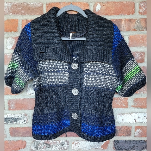 Free People Cable Knit Wool Blend Short Sleeve Sweater | Small | Gray & Blue - Picture 6 of 14